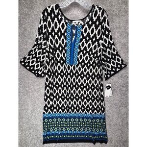 Studio One New York Womens 2X Geometric Print Shift Dress Black Blue Teal